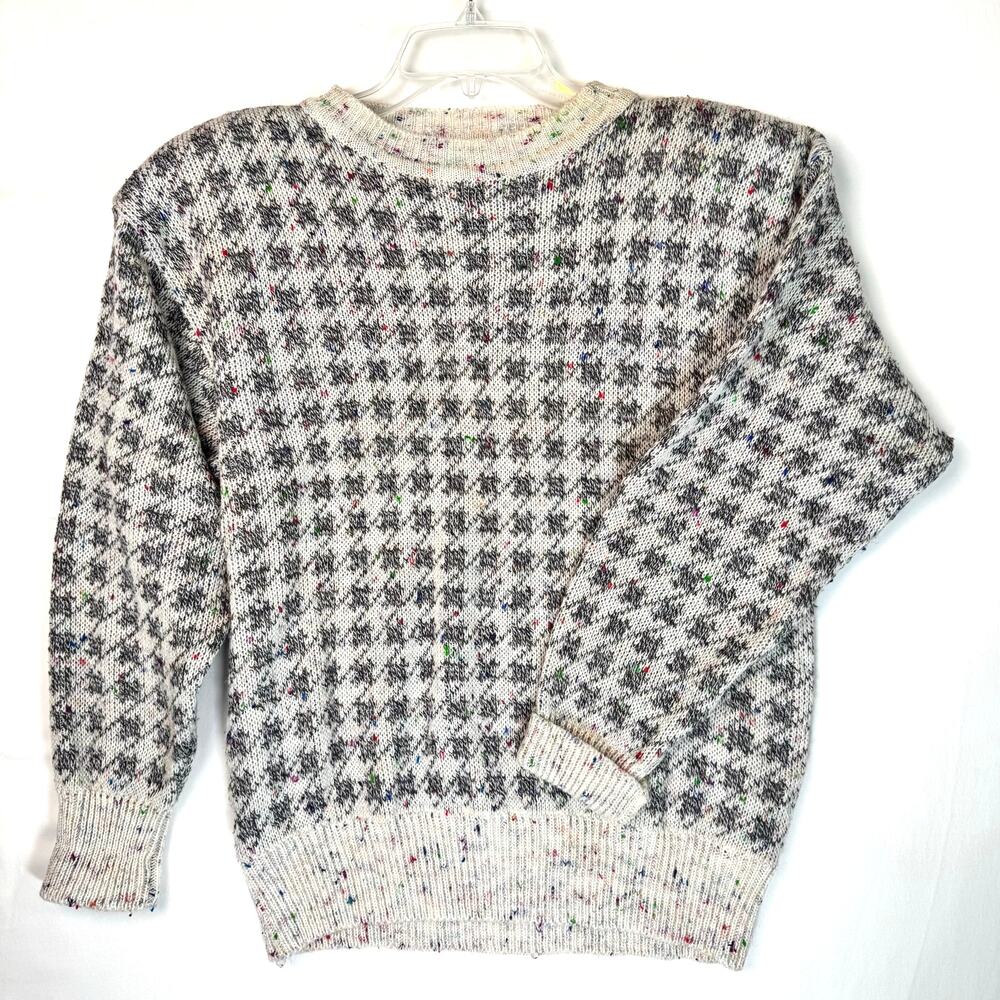 VTG 80s Confetti Knit Houndstooth Sweater Shoulder Pads Size Large